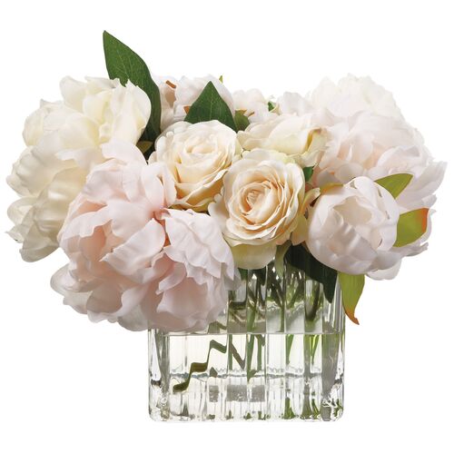9" Peony/Rose Arrangement in Glass Vase, Faux