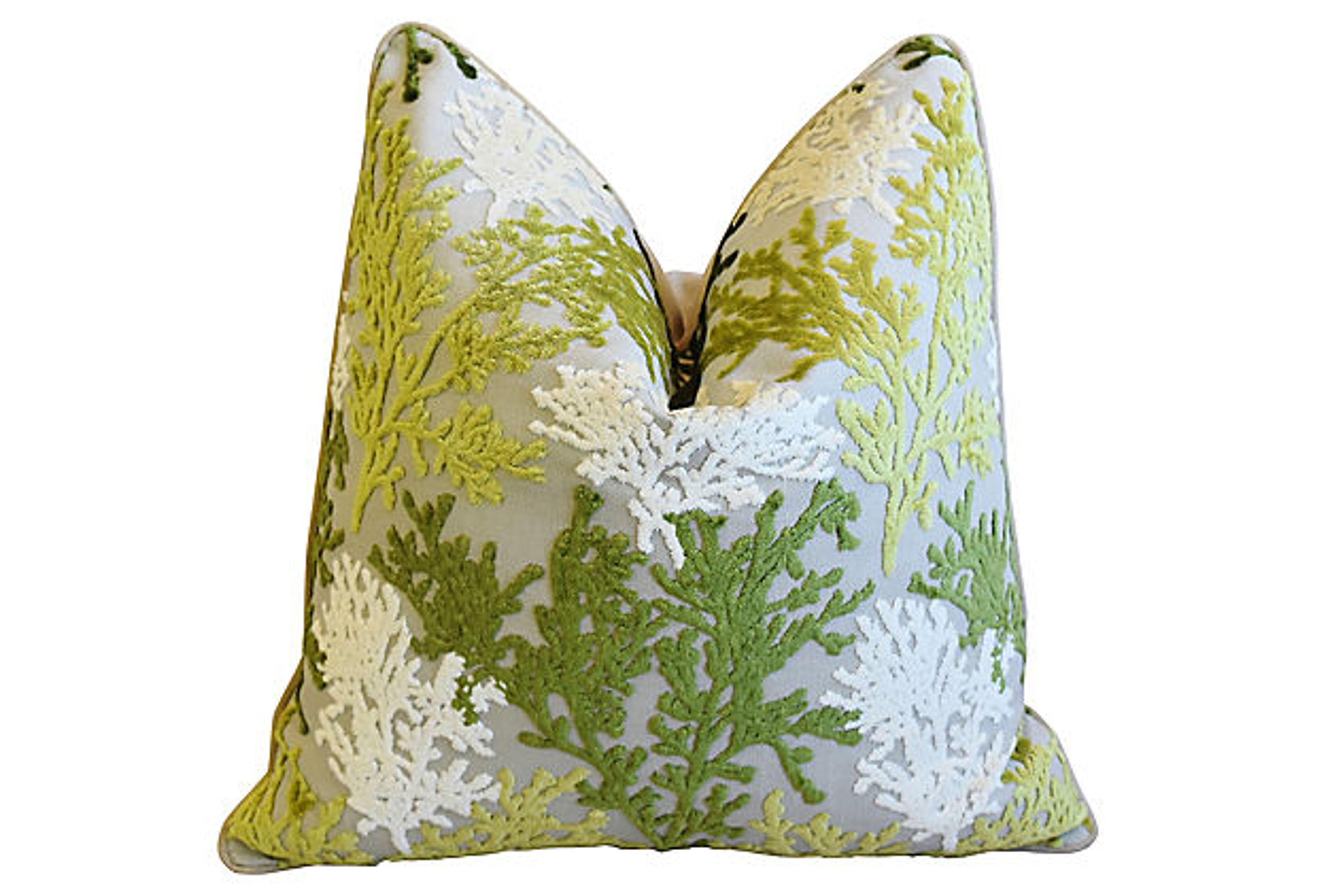 Green & White Coral Cut-Velvet Pillow~P77620141