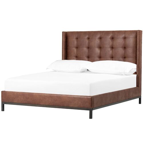 Bronx Tufted Leather Bed, Vintage Tobacco