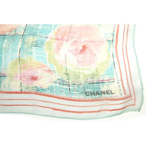 Chanel multicolor camellias and jewels pattern silk scarf
