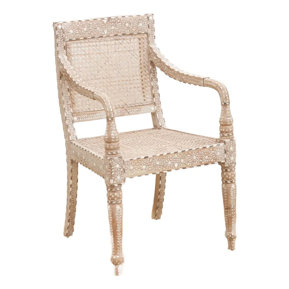 Raj Colonial Inlaid & Cane Armchair~P77731495