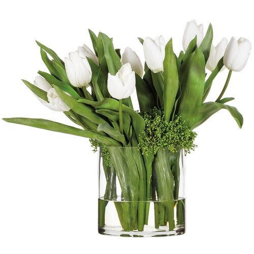 20" Tulip/Sedum Arrangement in Glass Vase, Faux