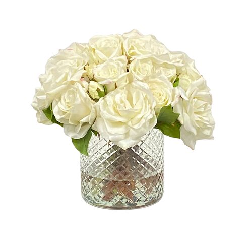 Faux White Roses In Etched Glass Vase, White/Green Faux White Roses In Etched Glass Vase, White/Green