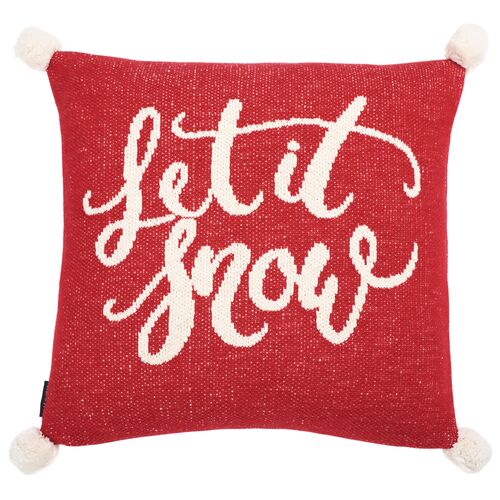 Let It Snow 18" Pom Pom Pillow, Red/White