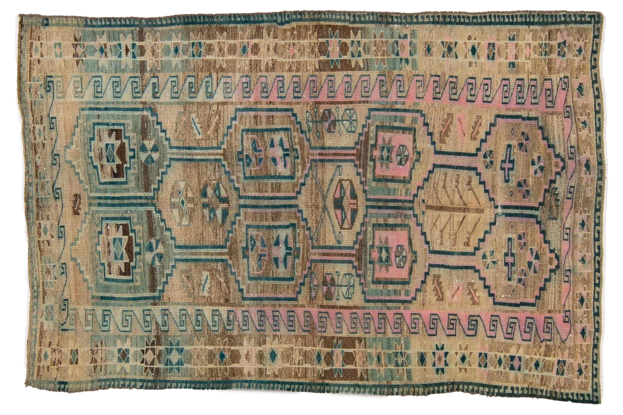 Vintage Distressed Tribal Beige Wool Rug~P77655736
