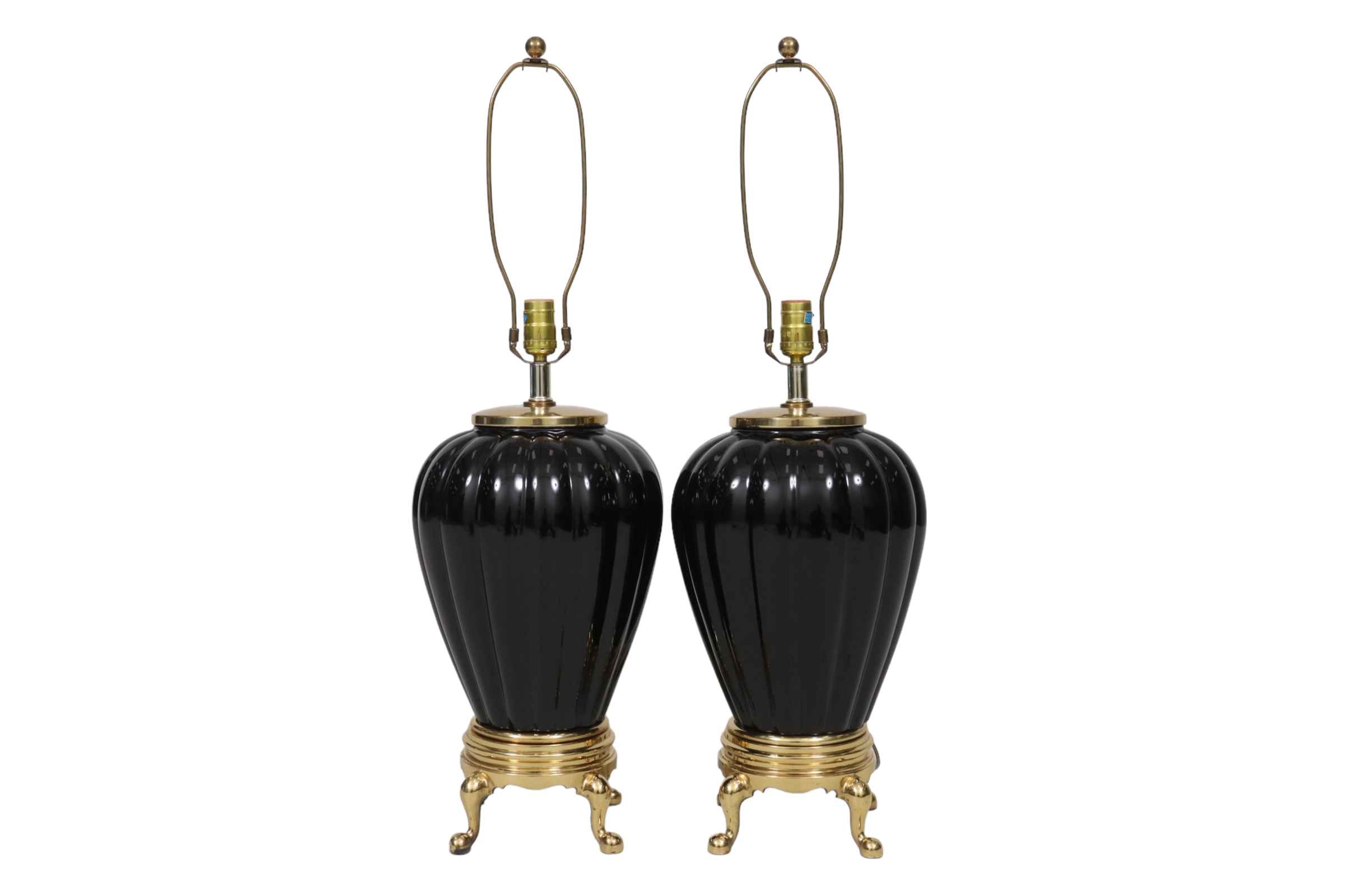 Black Ribbed Ceramic Table Lamps, a Pair~P77661948
