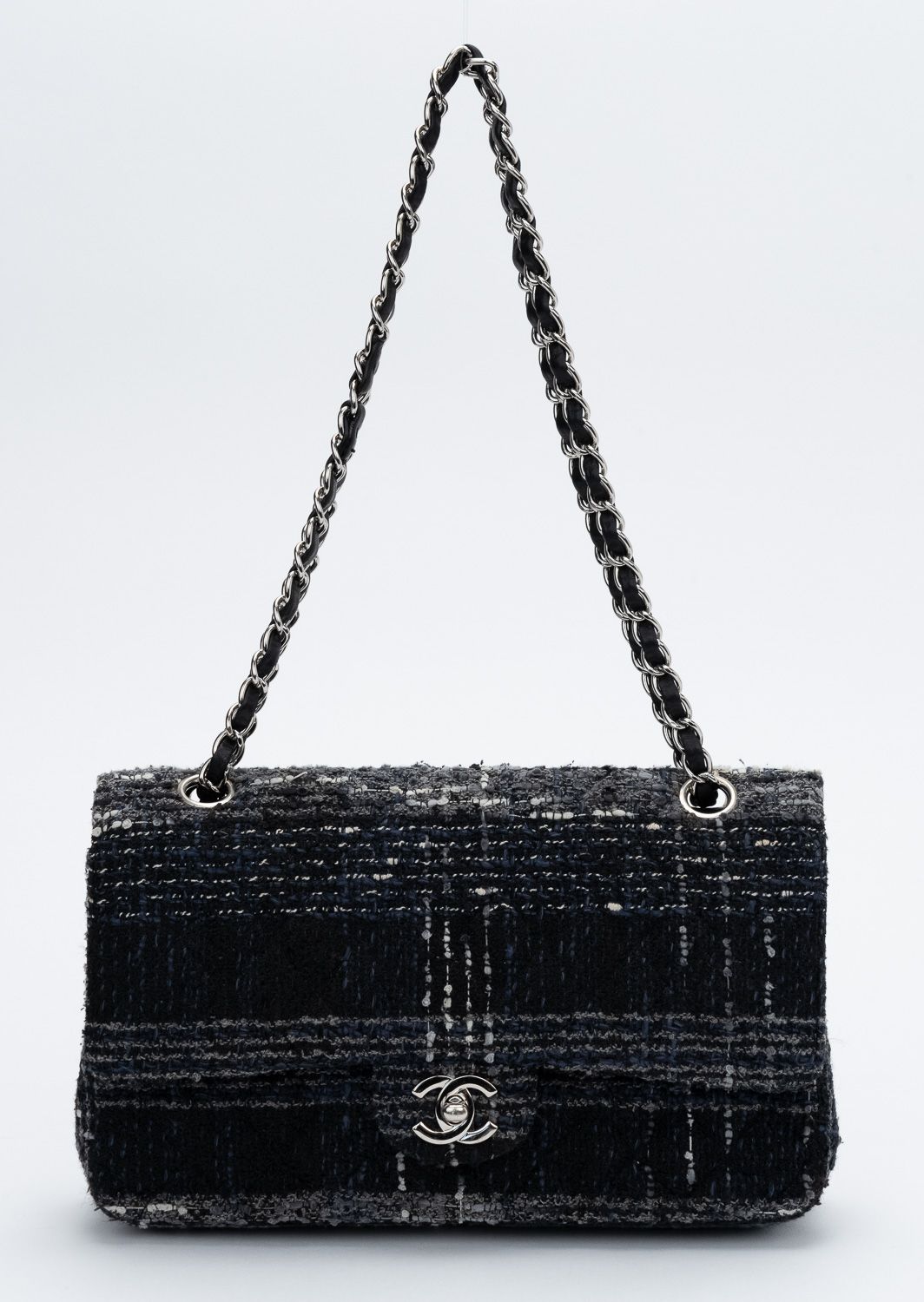 Chanel Black Blue Tweed Double Flap 10"~P77666301
