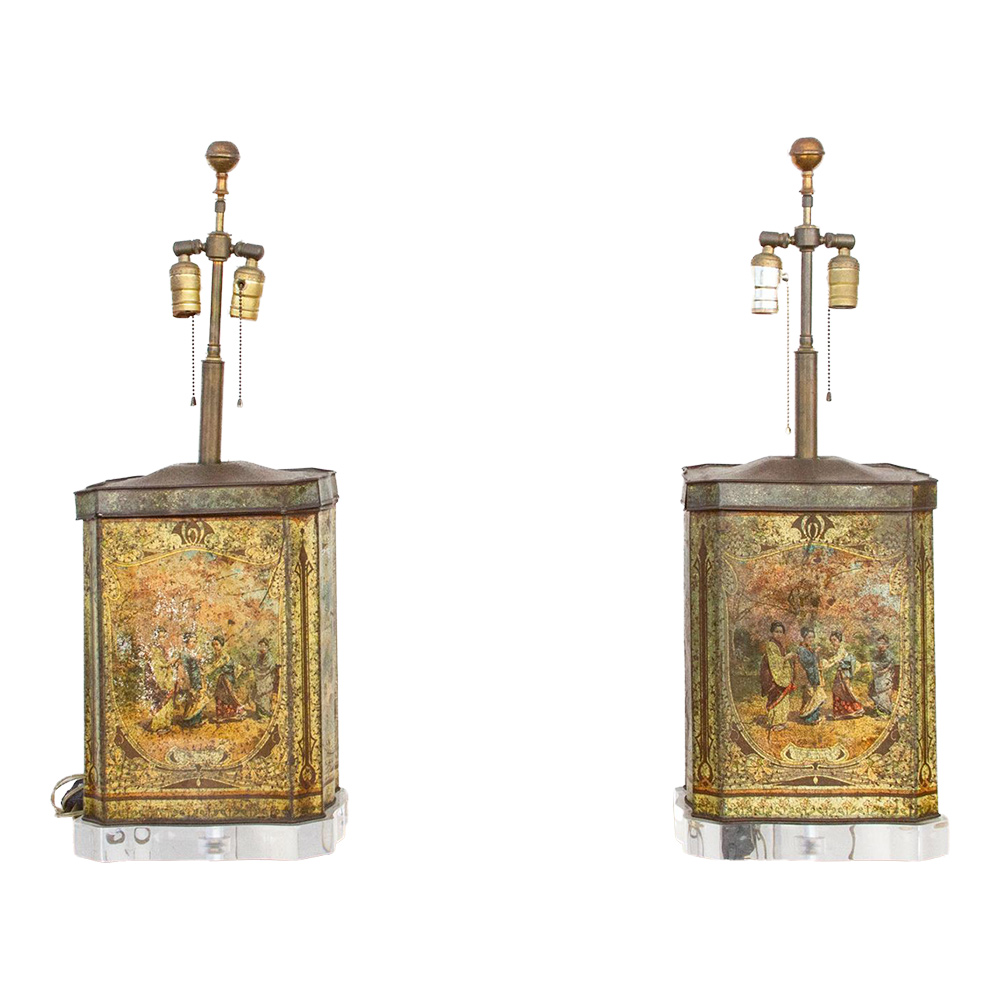 Pair of Antique Painted Canister Lamps~P77660459