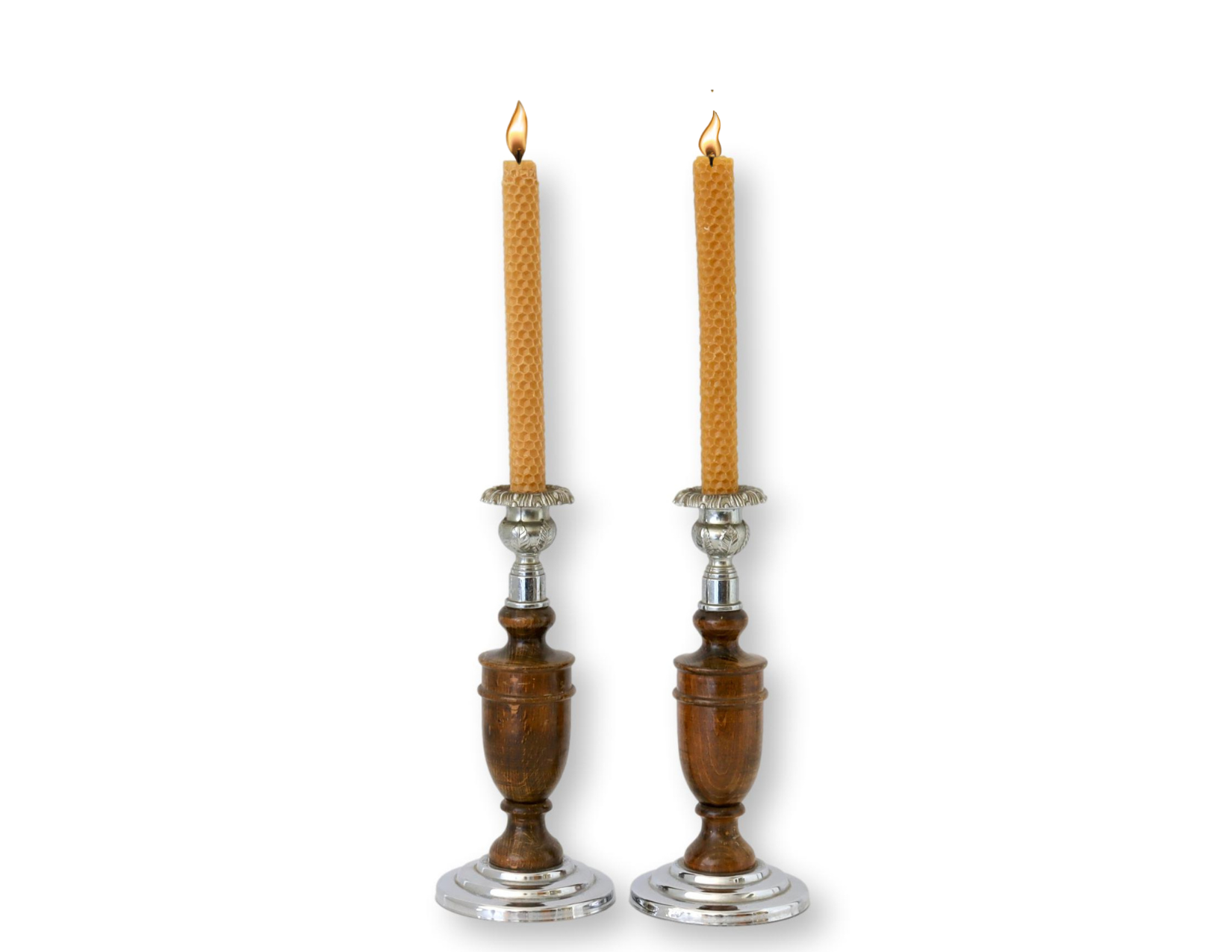 Midcentury Oak & Chrome Candlesticks, Pr~P77673204