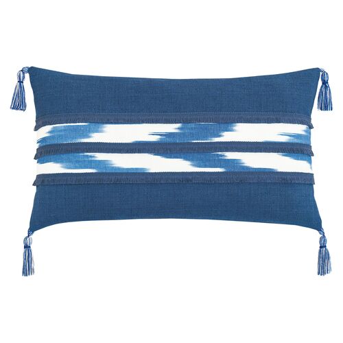 Marina Ikat Lumbar Tassel Pillow, White/Blue
