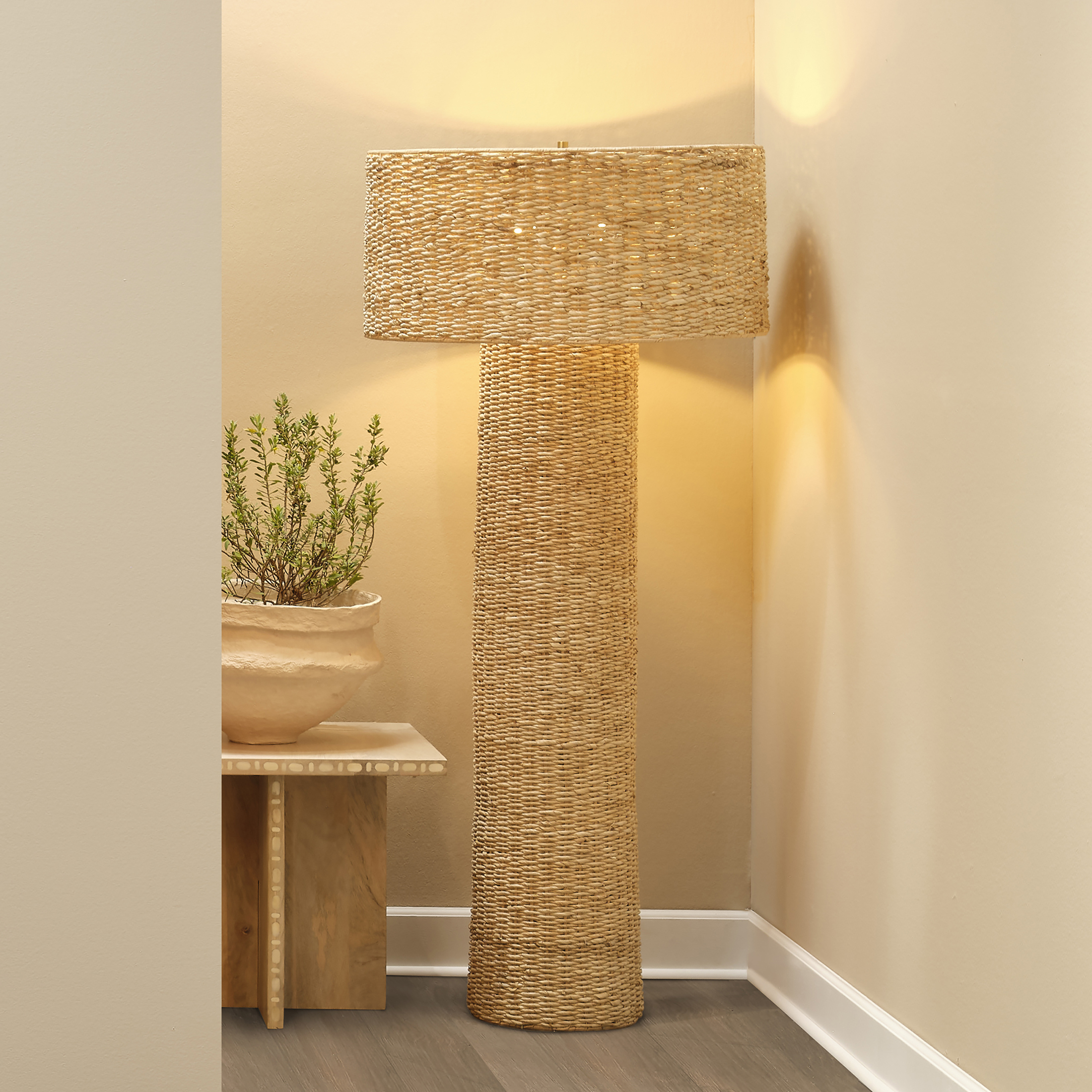Lucille Rattan Floor Lamp, Aged Brass/Textured Black | One