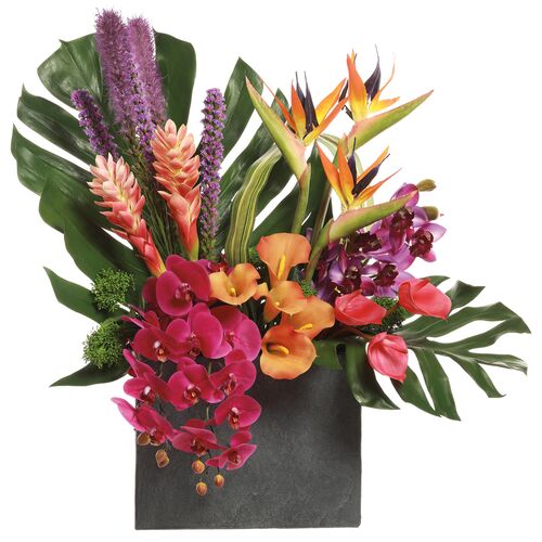 34" Orchid/Hawaiian Ginger/Bird of Paradise Arrangement in Planter, Faux