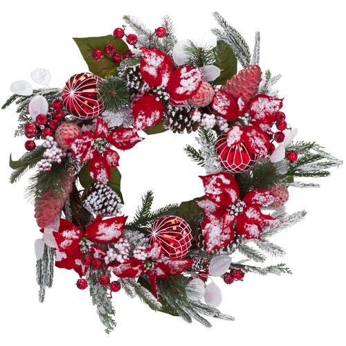 Faux 28" Snowy Wreath, Red/Green Faux 28" Snowy Wreath, Red/Green