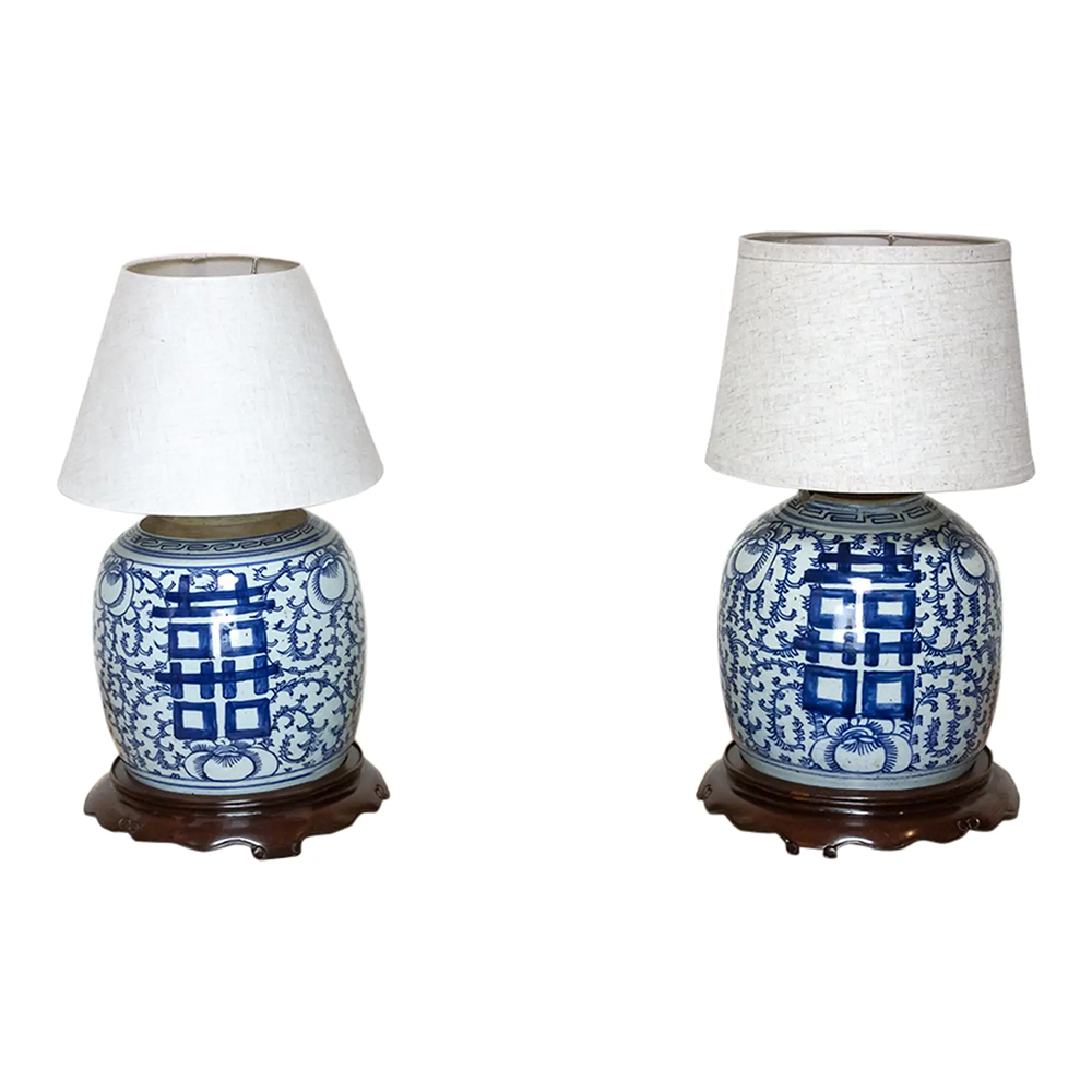 Pair of Vintage Blue & White Table Lamps~P77718659