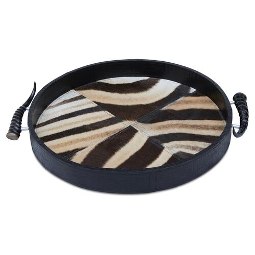 21" Zebra Hide & Horn Decorative Tray, Black~P77534511