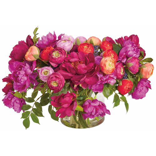 16" Ranunculus and Peony Arrangement in Glass Vase, Green 16" Ranunculus and Peony Arrangement in Glass Vase, Green