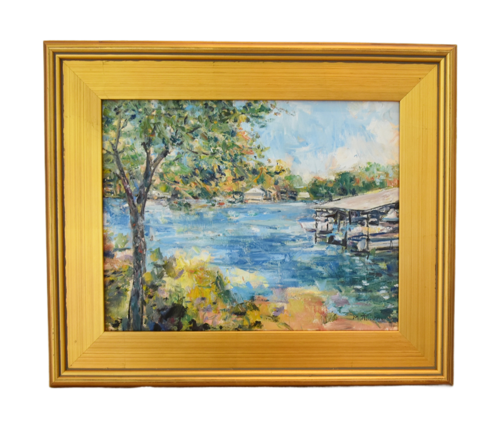Boathouse Lake Landscape Oil Painting~P77688426
