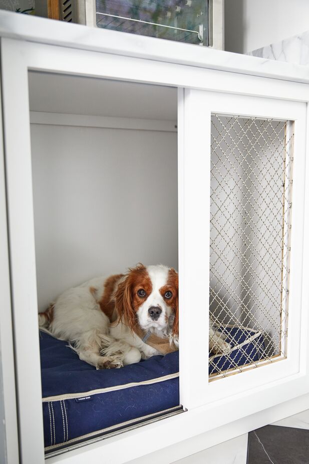 “Sadly, I cannot take credit for Carpenter’s cubby,” Sara says of the space just off the kitchen where the family’s Cavalier King Charles spaniel often nestles. “This area was planned by my client and her general contractor, and the cubby is perfectly incorporated into the pantry and utility space.”
 
 

