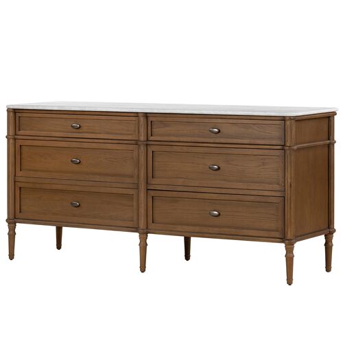 Clinton Marble Top 6-Drawer Dresser, Toasted Oak/White