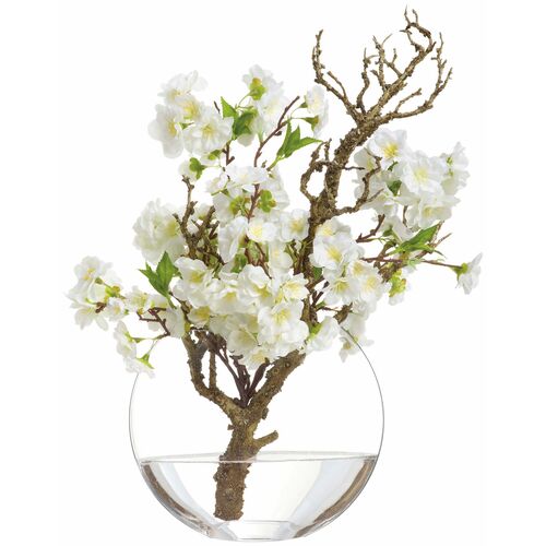 19" Cherry Blossom Branch in Glass Vase, White