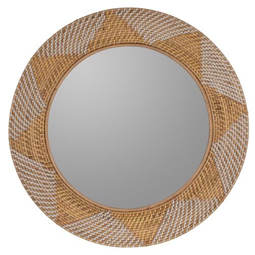 Gracie Rattan 30" Round Wall Mirror, Natural/White~P77634568