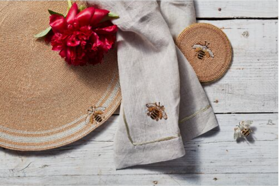 Create a buzz with the Beaded Bee Place Mat, Bee Dinner Napkin, and Beaded Bee Coaster from Joanna Buchanan.
