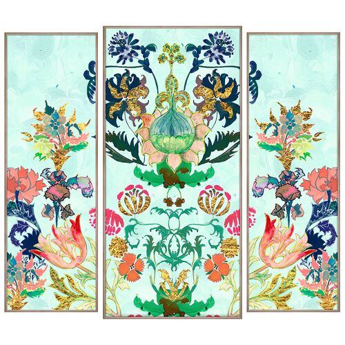 Royal Chinoiserie 42" x 38" Triptych Painting, Light Blue Royal Chinoiserie 42" x 38" Triptych Painting, Light Blue