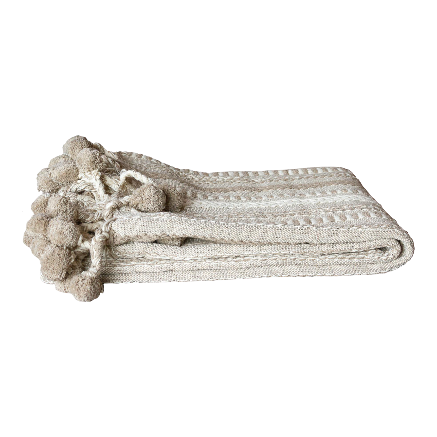 Beige Handloomed Cotton Pom-Pom Throw~P77657884