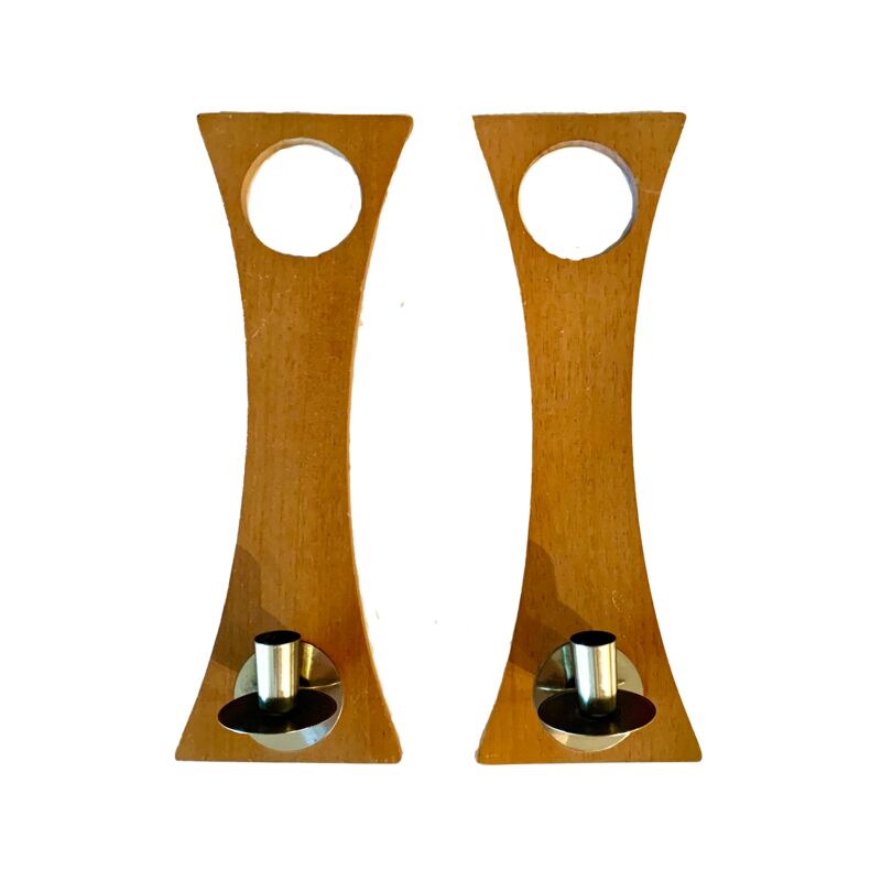 Midcentury Wood Candle Sconces, Pair
