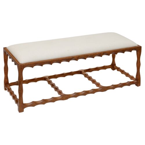 Scallop Linen Bench, Walnut/White