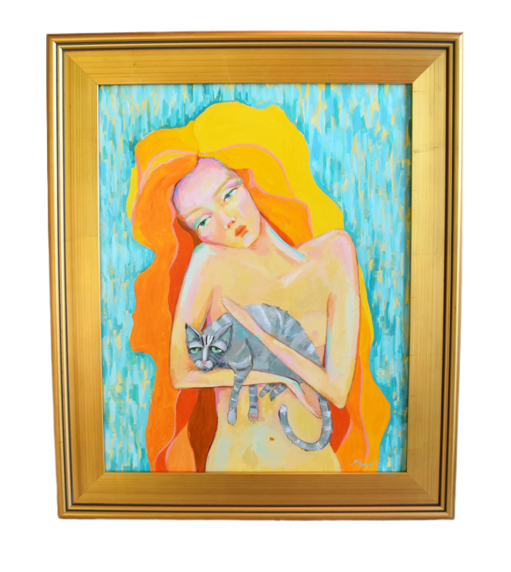 Red Headed Nude Woman Holding Gray Cat~P77681930