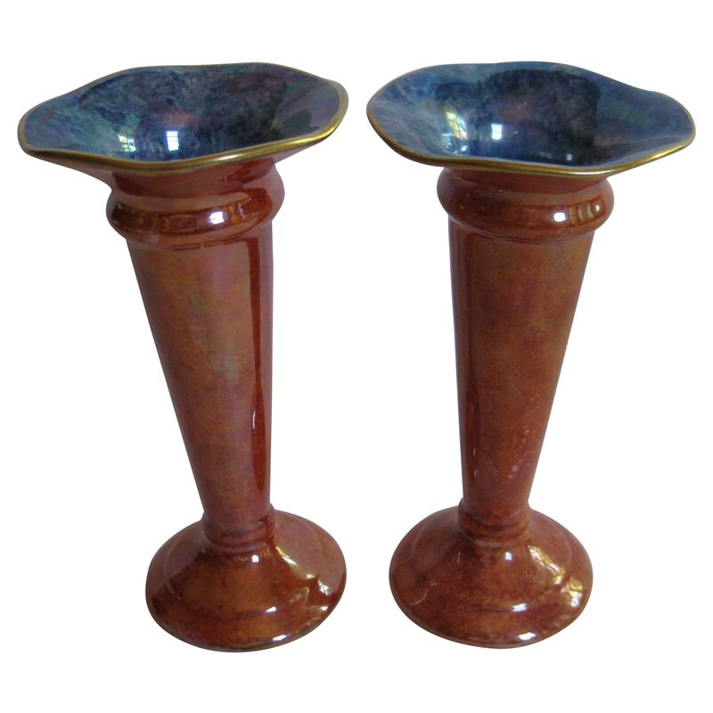English Art Deco Trumpet Vases, Pair