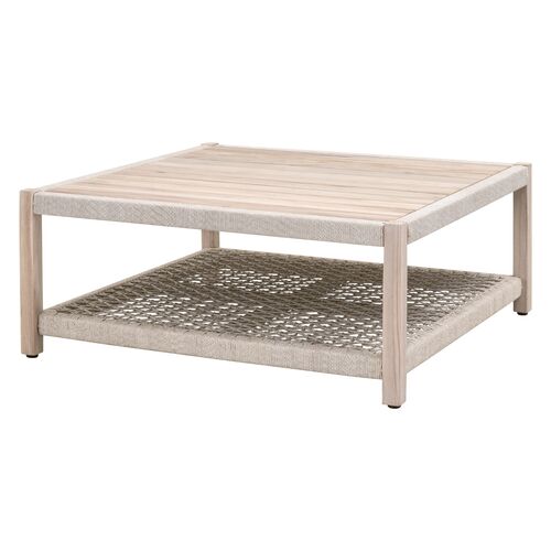 Easton Outdoor Square Coffee Table, Taupe & White Flat Rope/Gray Teak