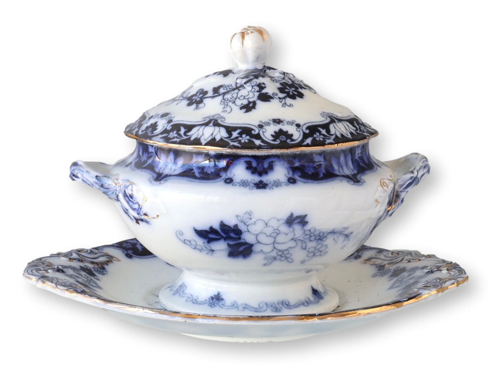 English Flow Blue Sauce Tureen w/Tray~P77719623