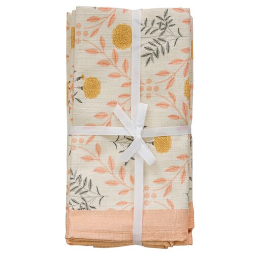 S/4 Lucienne Natural Cotton Hand Block Floral Print Napkins, Peach S/4 Lucienne Natural Cotton Hand Block Floral Print Napkins, Peach
