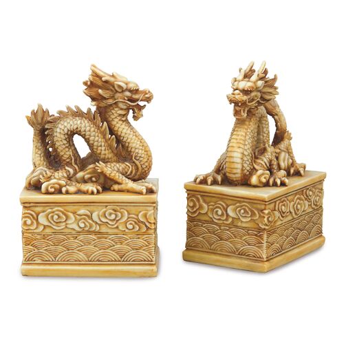 S/2 Dragon Bookends, Antiqued Ivory~P77382227