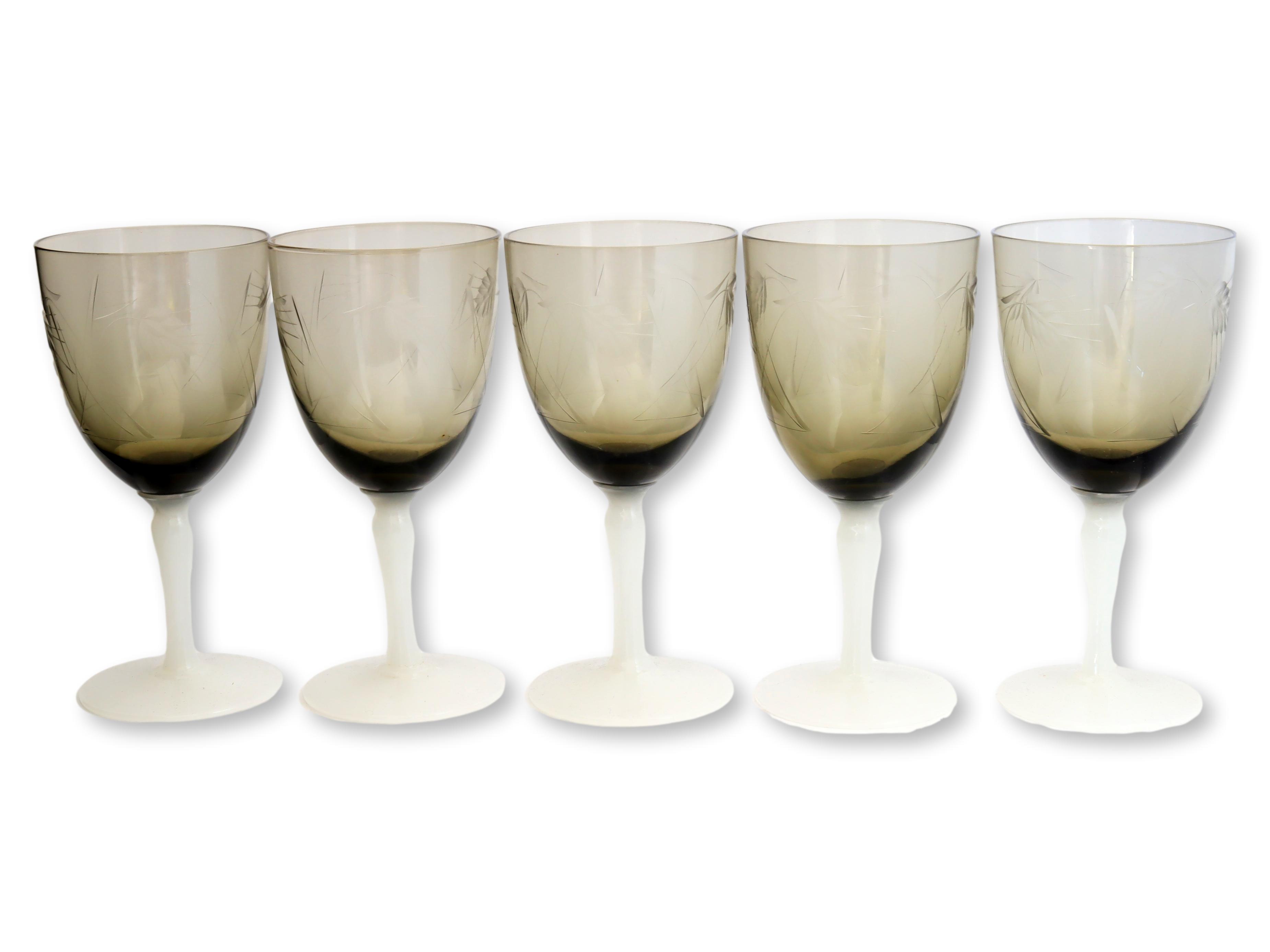 Smokey Etched Wine Glasses, S/5