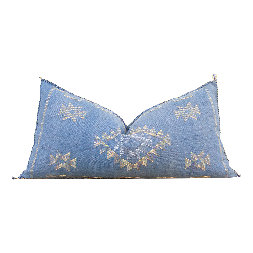 French Blue Lumbar Moroccan Silk Pillow~P77662083