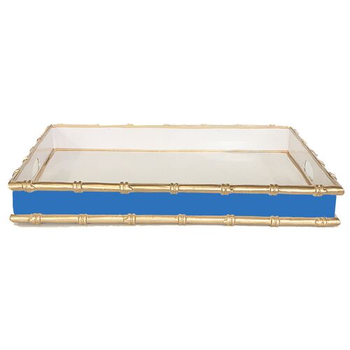 20" Bamboo-Style Serving Tray, Blue/Gold~P77455496