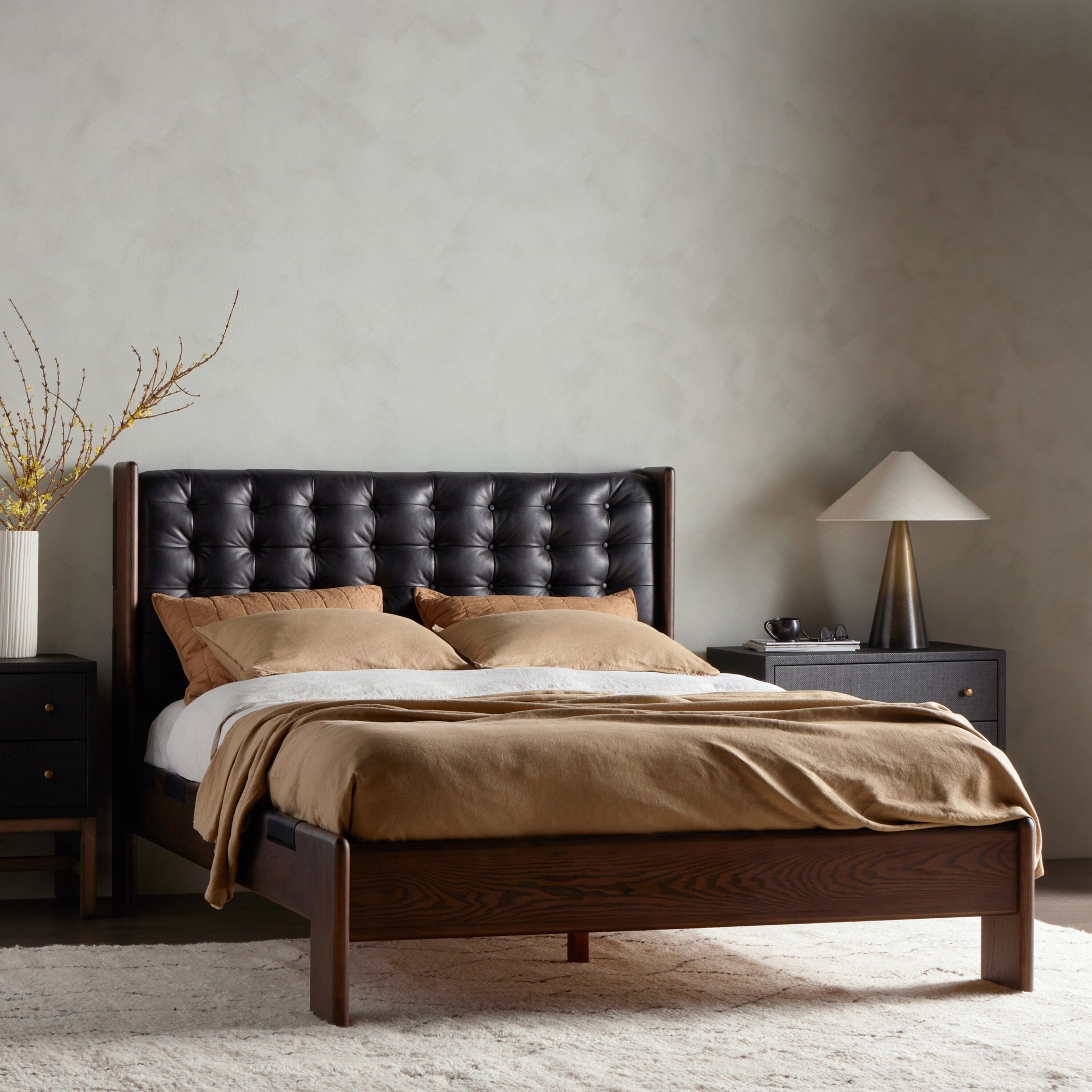 Brown leather tufted bed discount