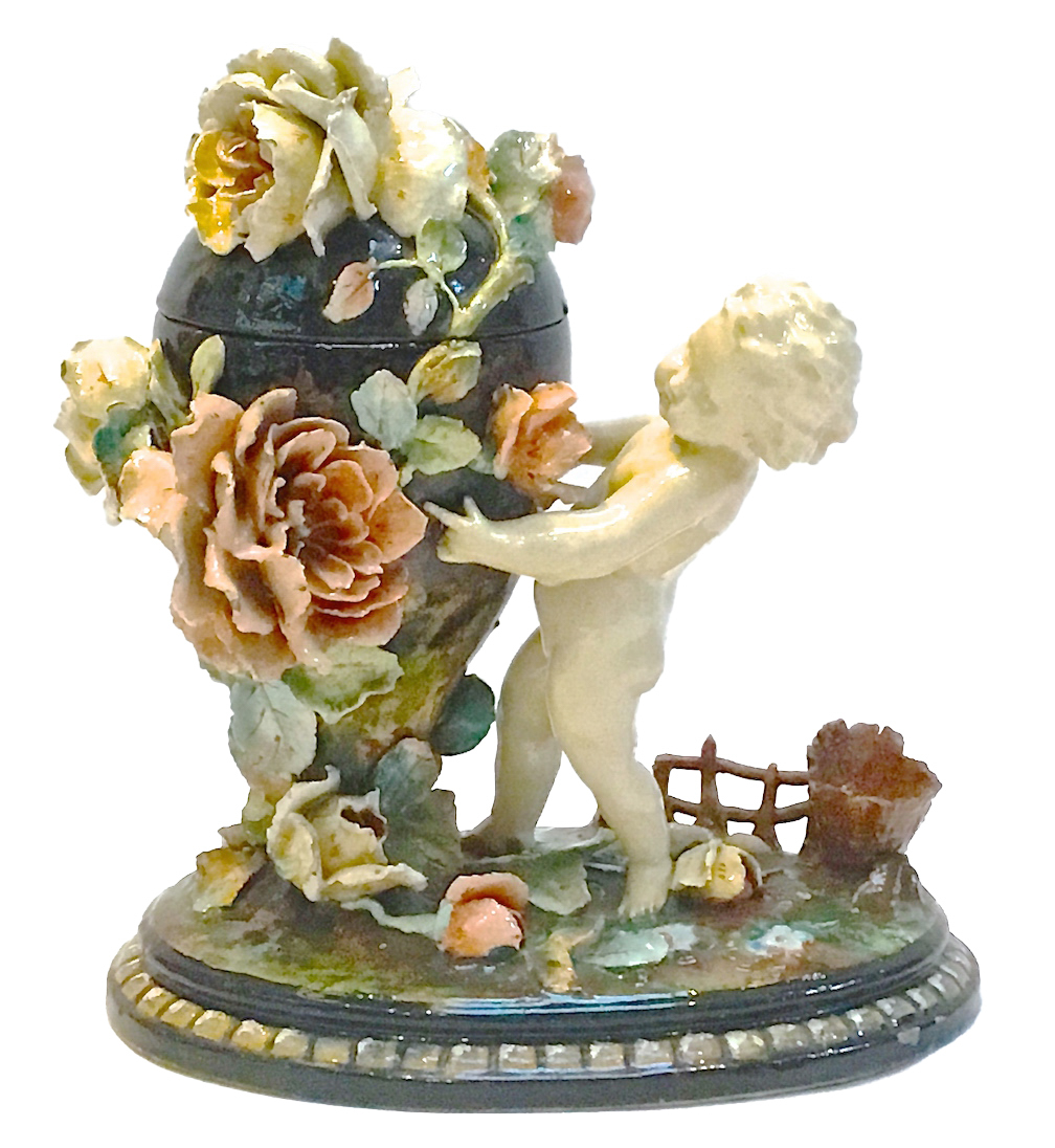 Barbotine Majolica Cherub & Floral Jar~P77302941