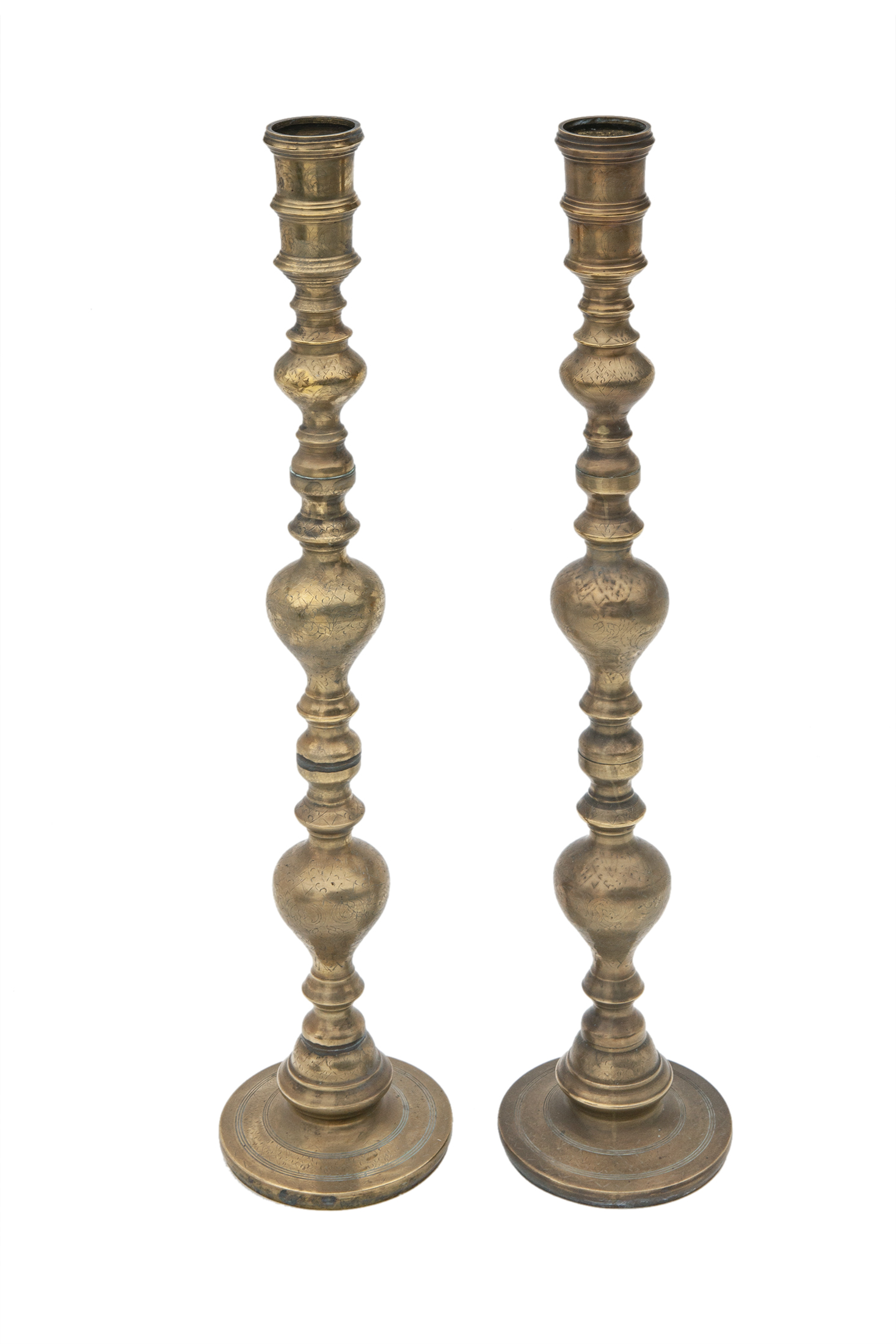 Tall Etched Brass Candlesticks, a pair~P77669492