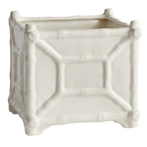 Chinoiserie Square Cachepot, White Chinoiserie Square Cachepot, White