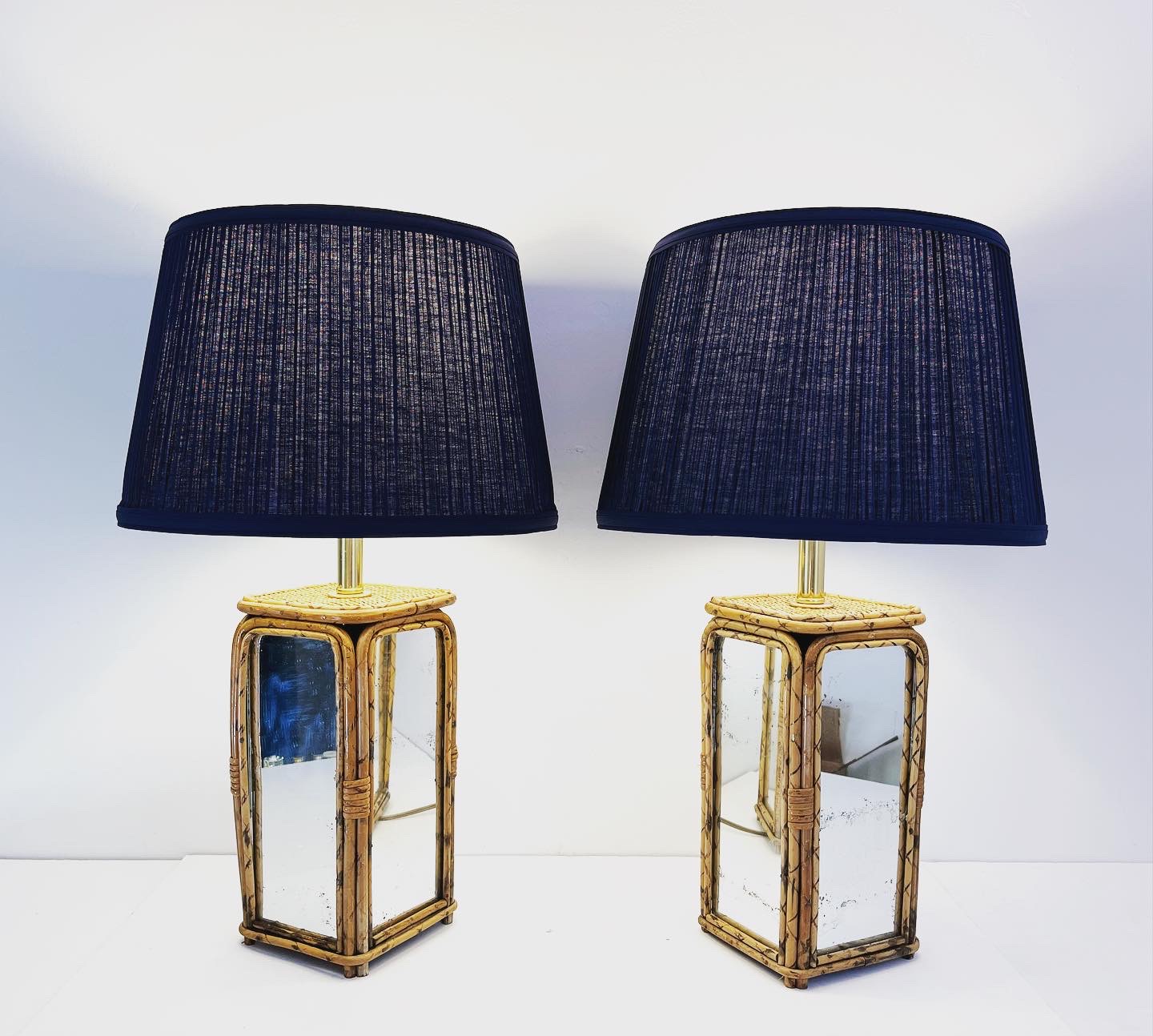 Mirrored Bamboo Lamps w/Shades, Pair~P77676197