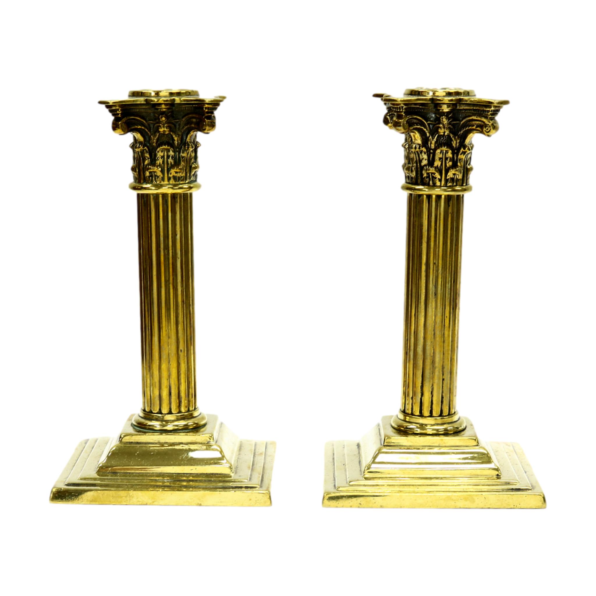 Antique Column Brass Candleholders, Pair~P77620004