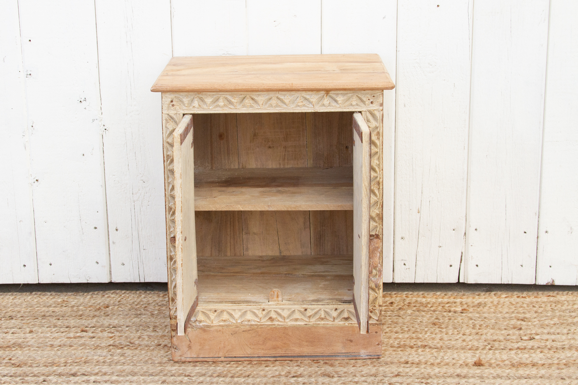 Small Bleached Wood Carved Nightstand~P77678183