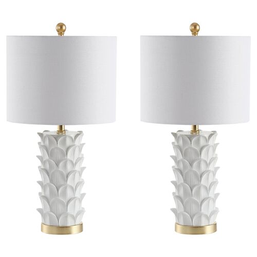 S/2 Violet Table Lamps, White/Gold Leaf~P66994671