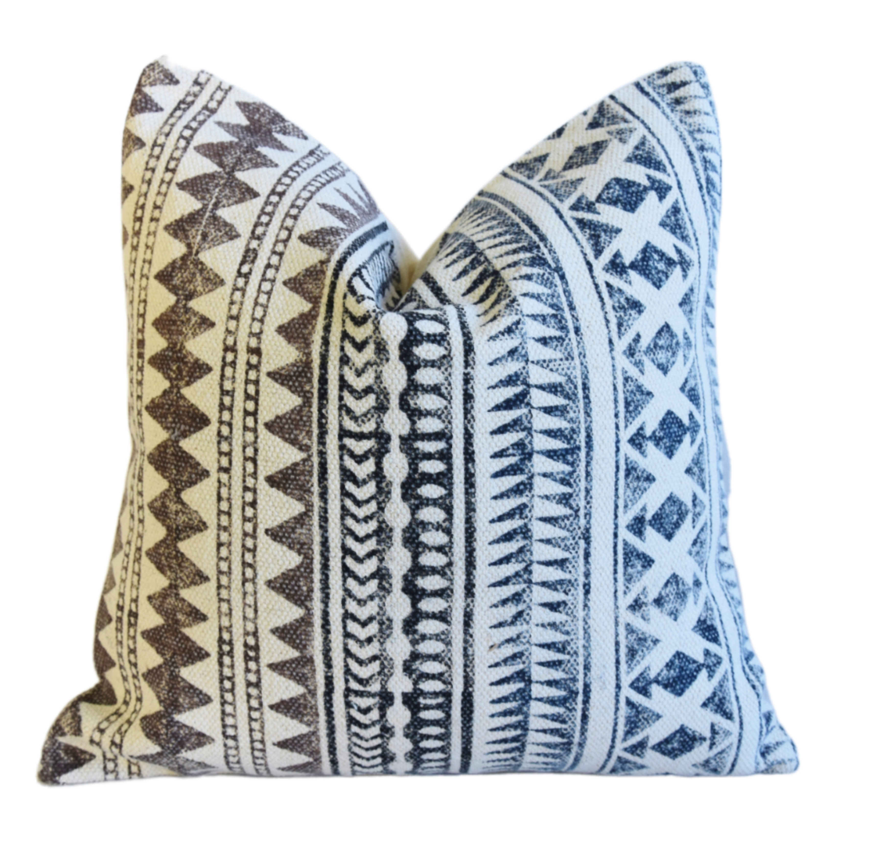 Hand-Printed Blue/Brown Cotton Pillow~P77669689