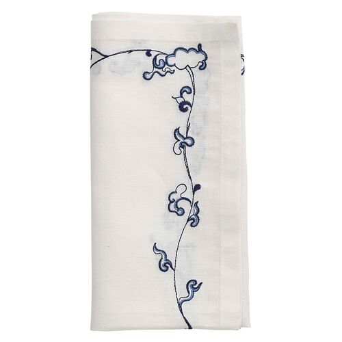 S/4 Ming Border Napkins, White & Navy