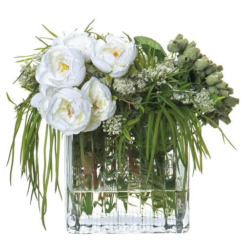 10.5" Queen Anne's/Ranun/Berry/Grass Arrangement in Glass Vase, Faux